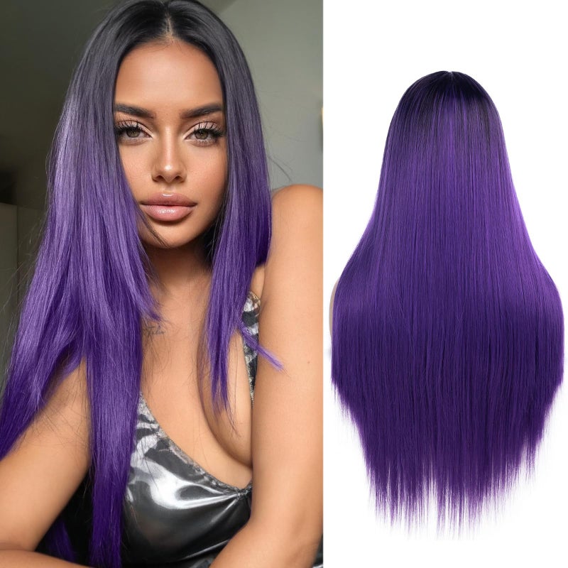 WIGER Straight Purple Wigs for Women Long Dark Purple Hair Wig Ombre Black to Purple Middle Part Colored Wigs for Cosplay 26 Inch Heat Resisting Synthetic Hair
